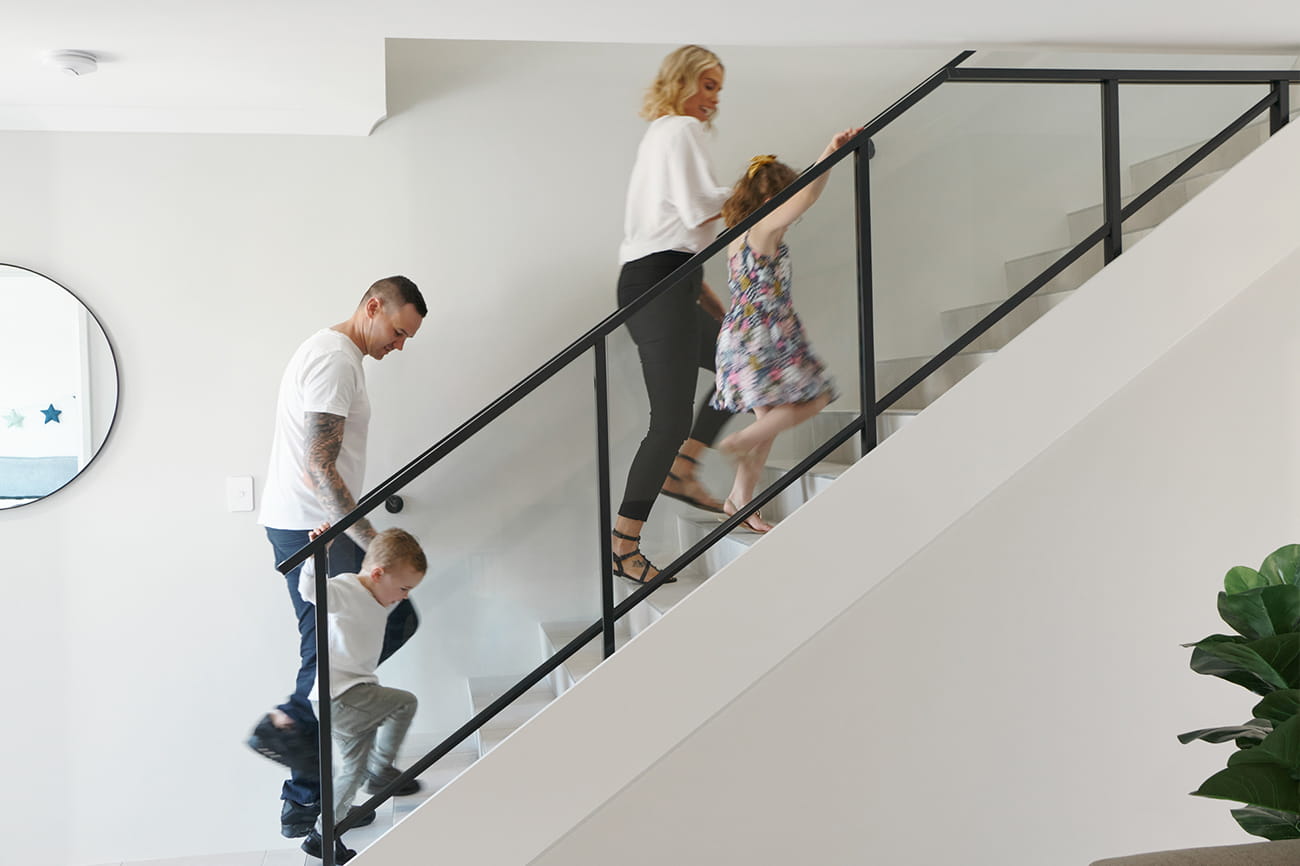 Family walking up stairs