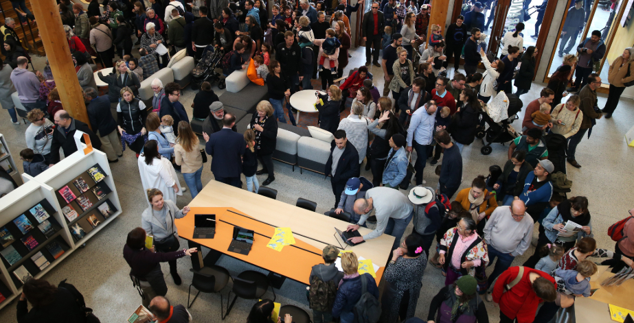 Aerial view of crowd gathered at Marrickville library