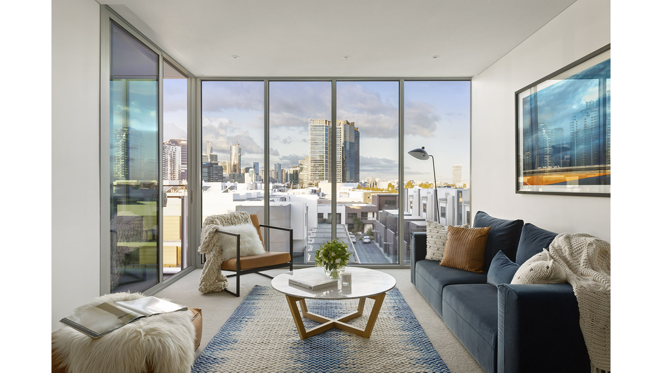 Living room with city backdrop
