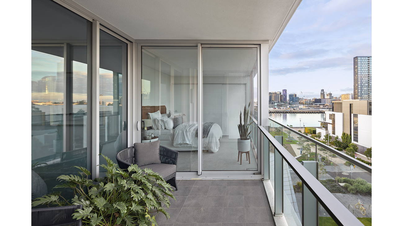 Apartment balcony with city view