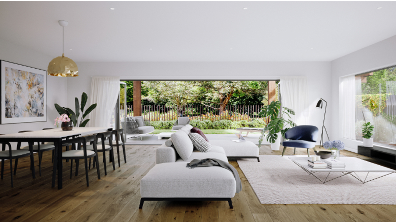Render of open plan living and dining area