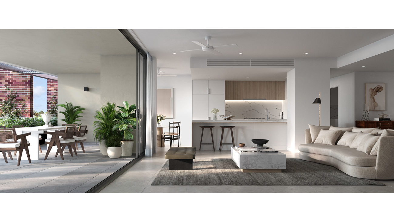 Render of apartment indoor outdoor living