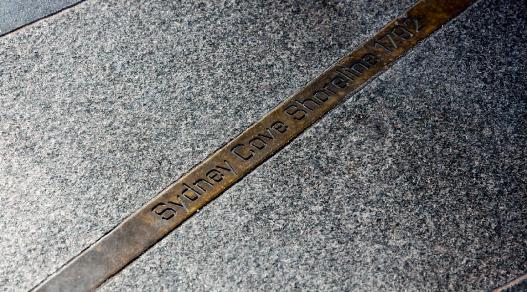 Harbour Foreshore Line, a bronze strip inlayed into the paving of the ground floor at 200 George