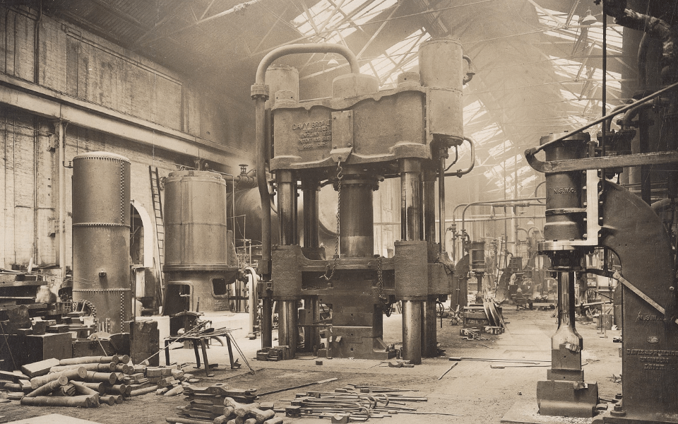 Rear of Davy Press when not in use. Hydraulic reservoir and steam intensifier visible in left.