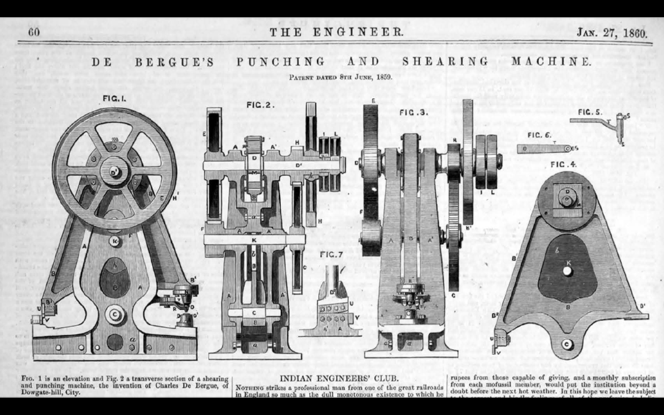 De Bergue’s Punching and Shearing Machine, depicted in the Engineer, Jan 27 1860 