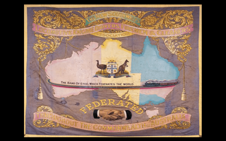 Union banner of the NSW Locomotive Engine Drivers, Firemen & Cleaners Association.