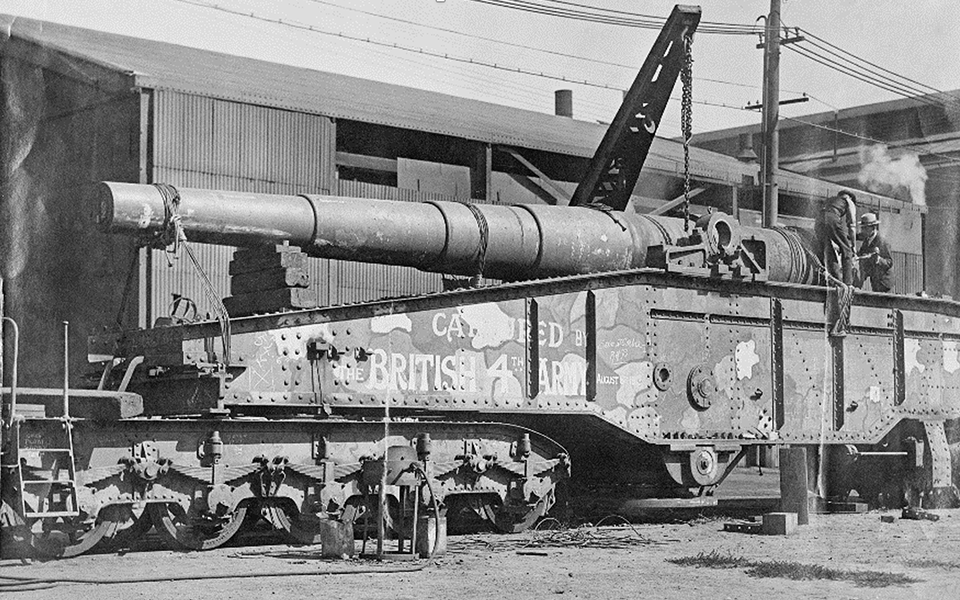 The 28cm German railway gun known as the 'Amiens gun' at a railway siding at Eveleigh Railway Workshops in Sydney prior to being moved to Canberra. The gun and the complete train were captured by AIF troops near Harbonnieres in France on 8 August 1918. The barrel of the gun is now in the collection of the Australian War Memorial.