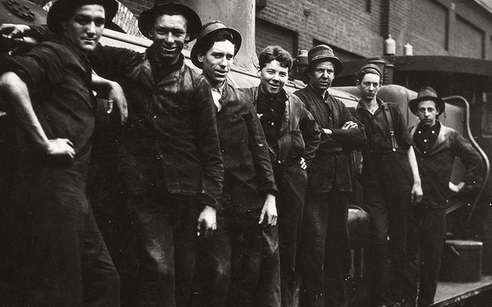 Seven Loyal apprentices of eight on the pit. Old Erecting shop, during the 1917 Great Strike