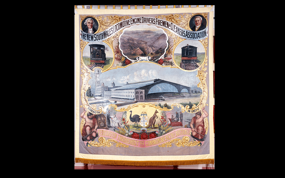 Banner of the NSW Locomotive Engine Drivers, Firemen and Cleaners Association union.