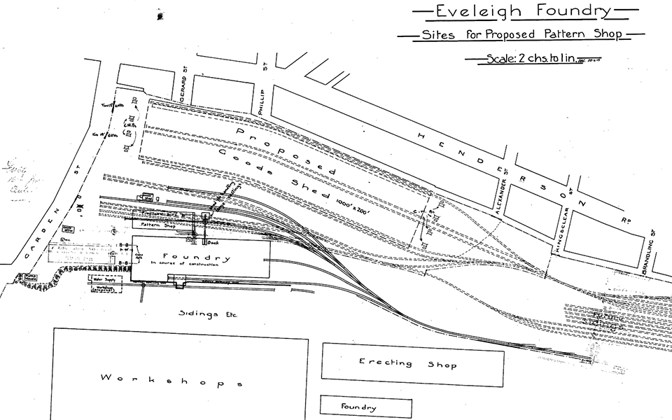 Plan showing the 1893 foundry south of the Workshops, location of the new (third) foundry, pattern shop and future Alexandria Goods Shed to the east. 