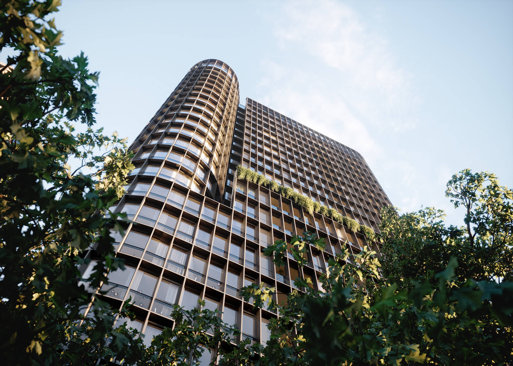a tall building with trees in front of it